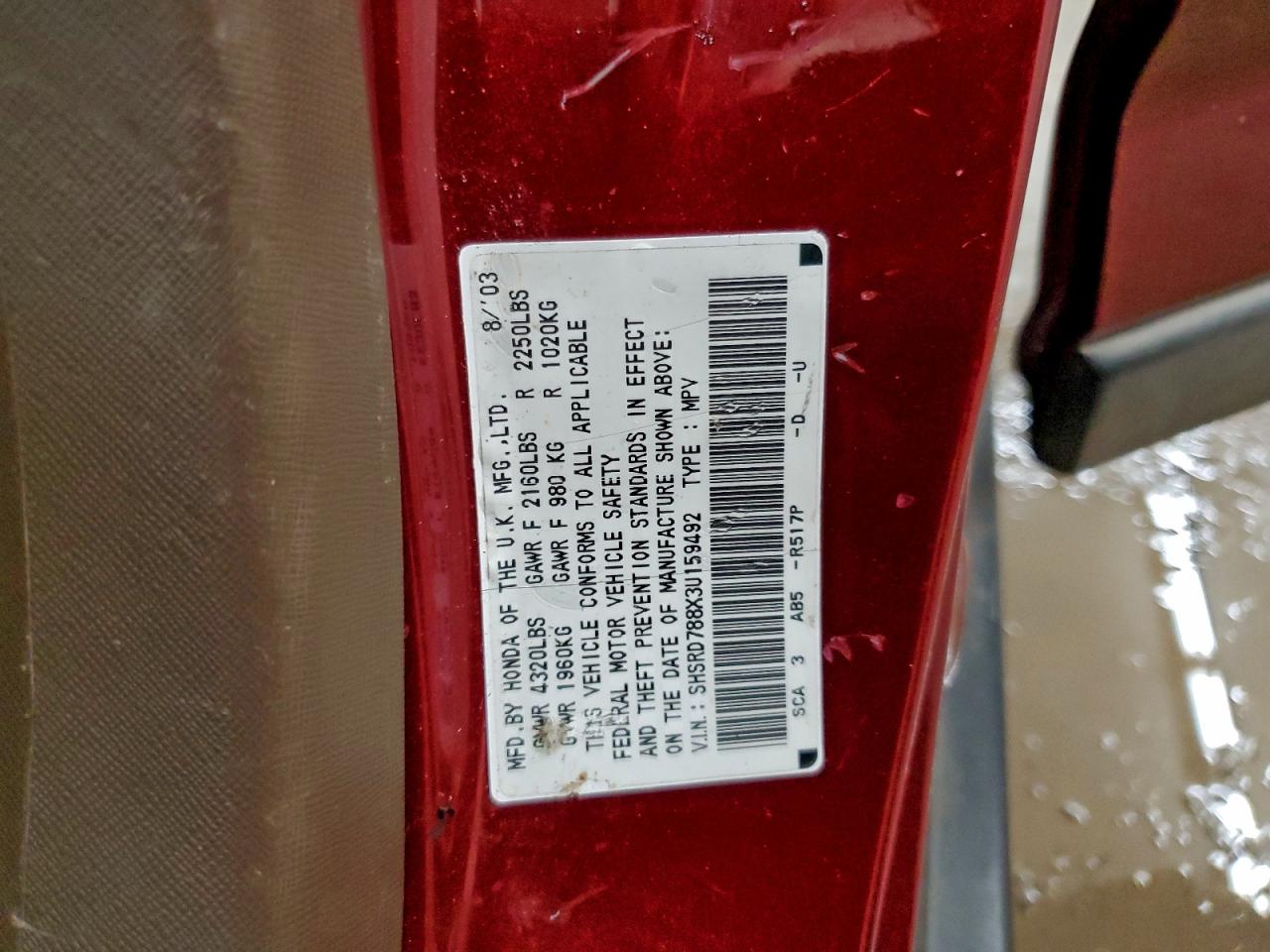 2003 Honda Cr-V Ex VIN: SHSRD788X3U159492 Lot: 93402555