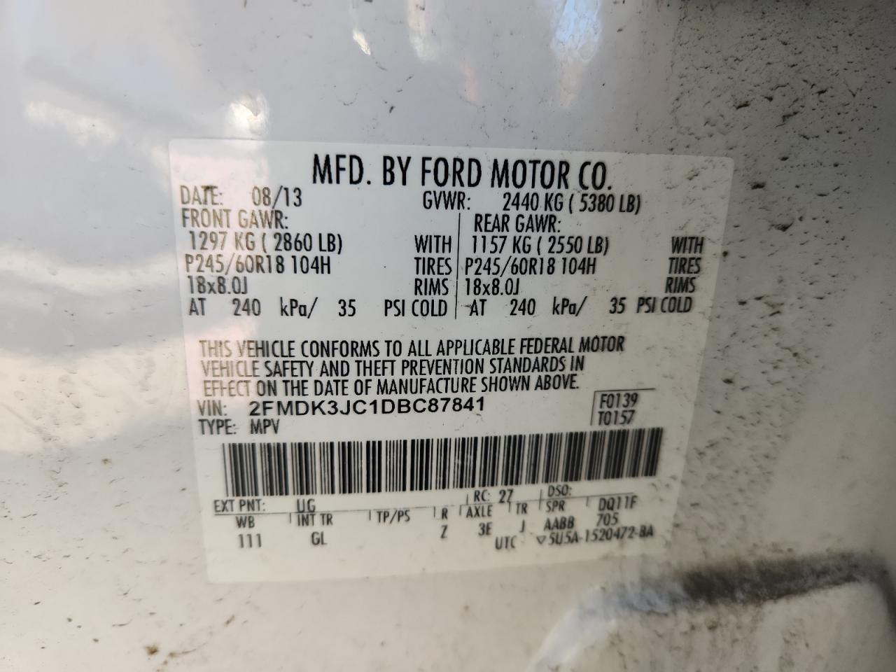 2013 Ford Edge Sel VIN: 2FMDK3JC1DBC87841 Lot: 92479485