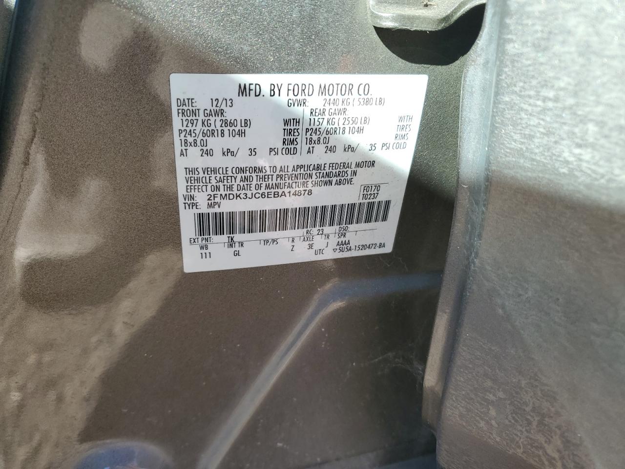 2014 Ford Edge Sel VIN: 2FMDK3JC6EBA14878 Lot: 90679785