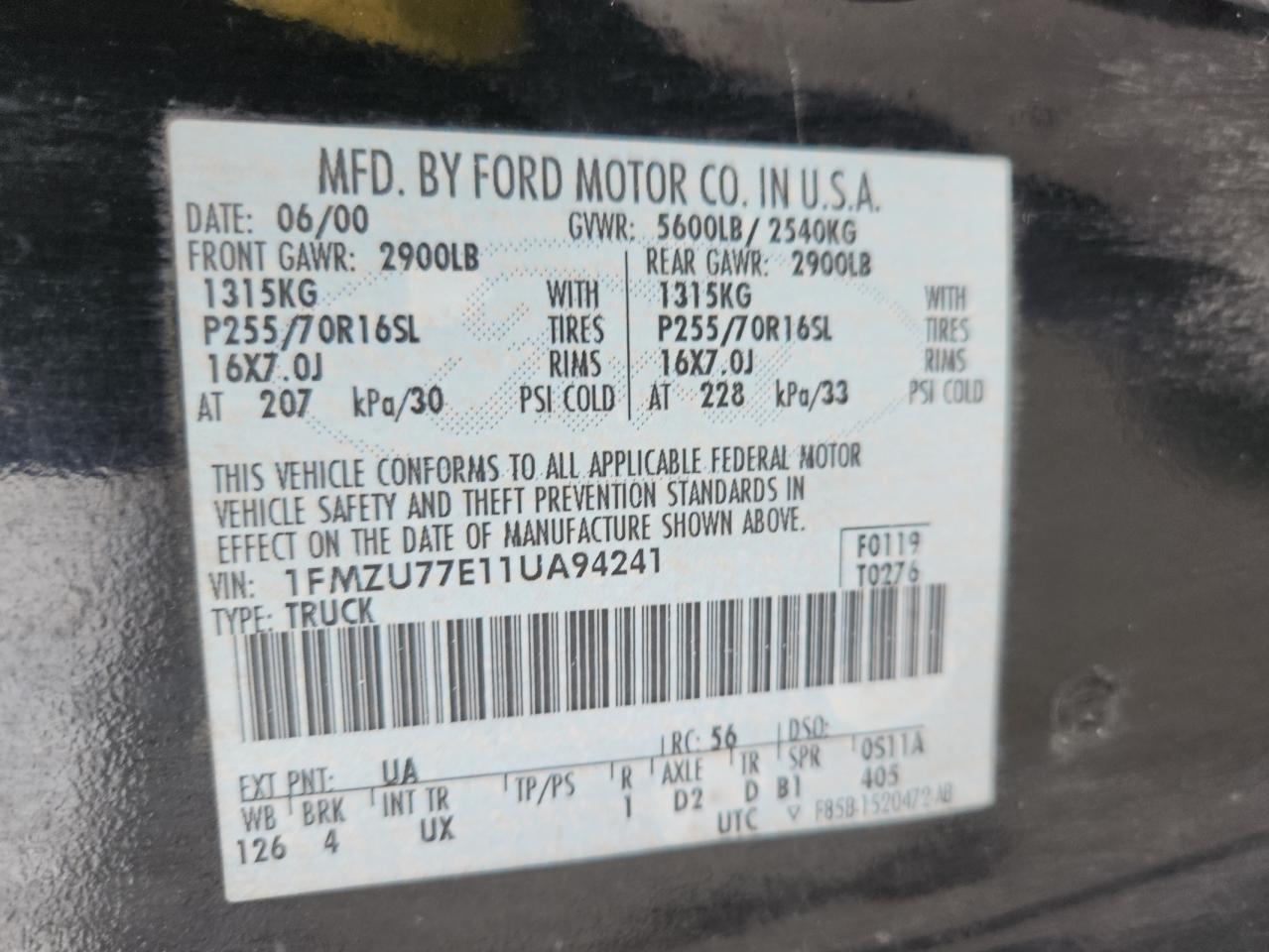 2001 Ford Explorer Sport Trac VIN: 1FMZU77E11UA94241 Lot: 92632475