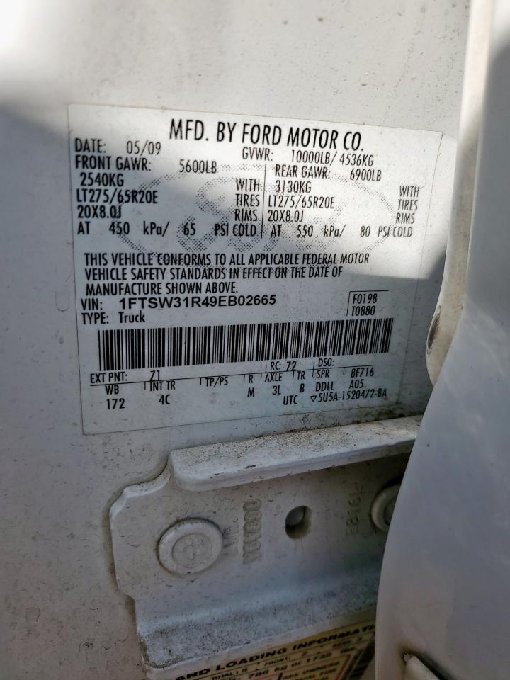 2009 Ford F350 Super Duty VIN: 1FTSW31R49EB02665 Lot: 92614425