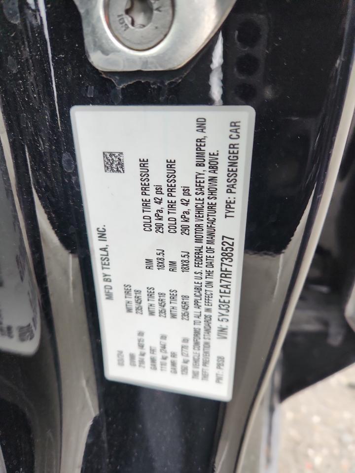 2024 Tesla Model 3 VIN: 5YJ3E1EA7RF738527 Lot: 92720265