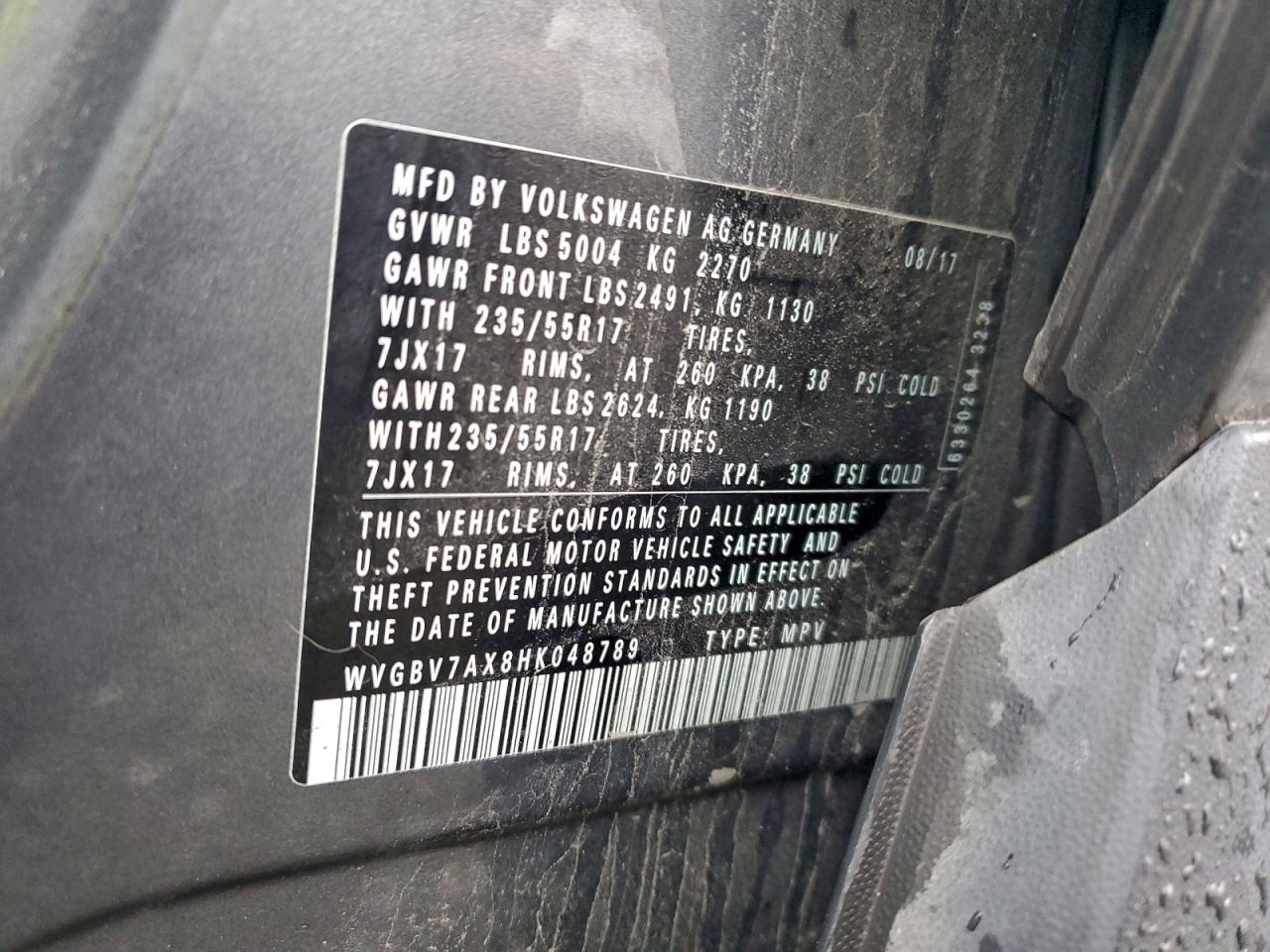 2017 Volkswagen Tiguan S VIN: WVGBV7AX8HK048789 Lot: 94168385