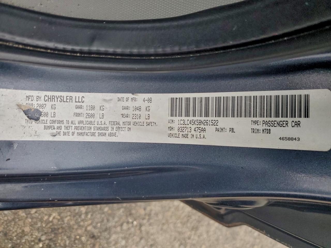 2008 Chrysler Sebring VIN: 1C3LC45K58N261522 Lot: 92822425