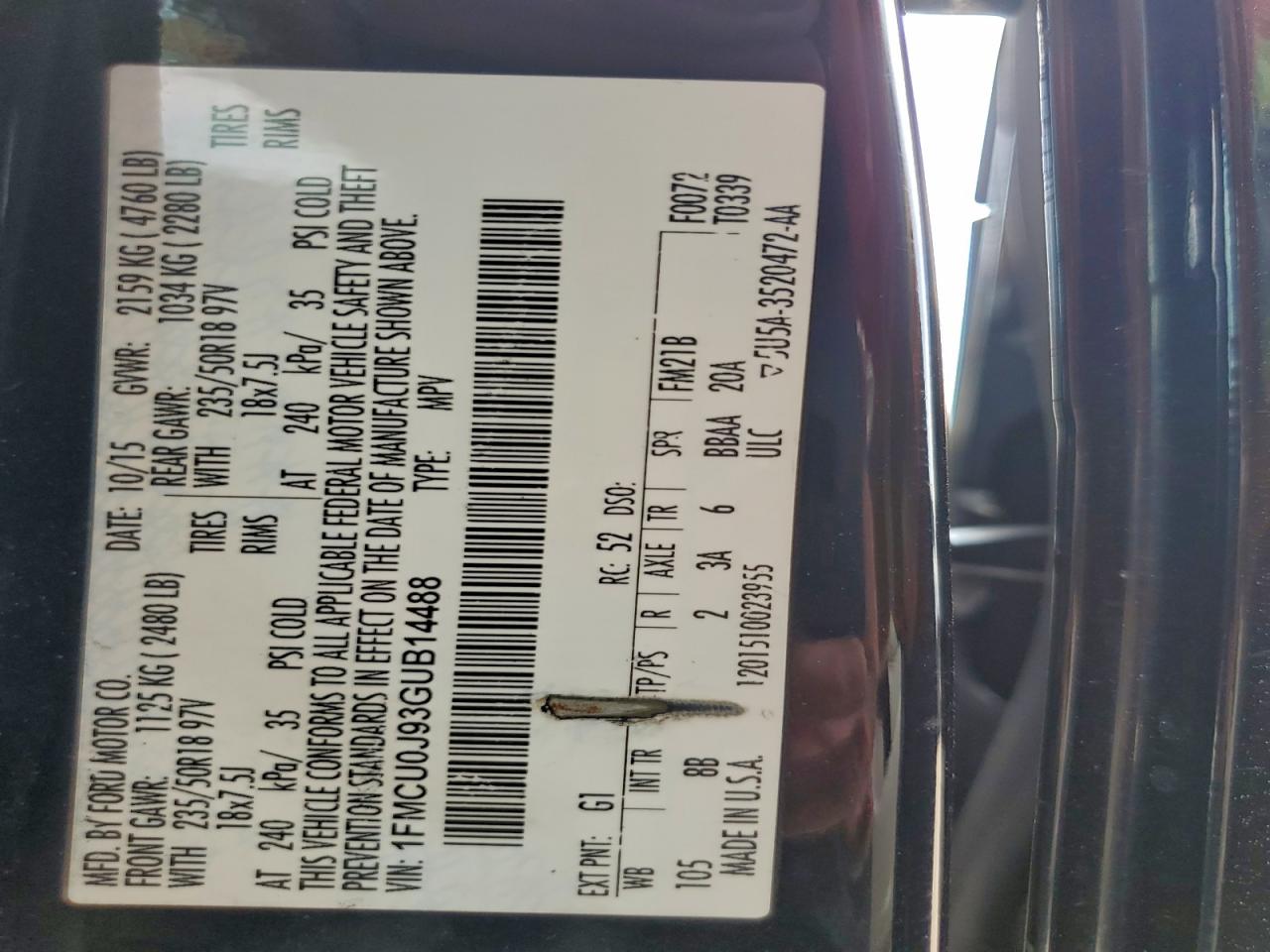 2016 Ford Escape Titanium VIN: 1FMCU0J93GUB14488 Lot: 93370245