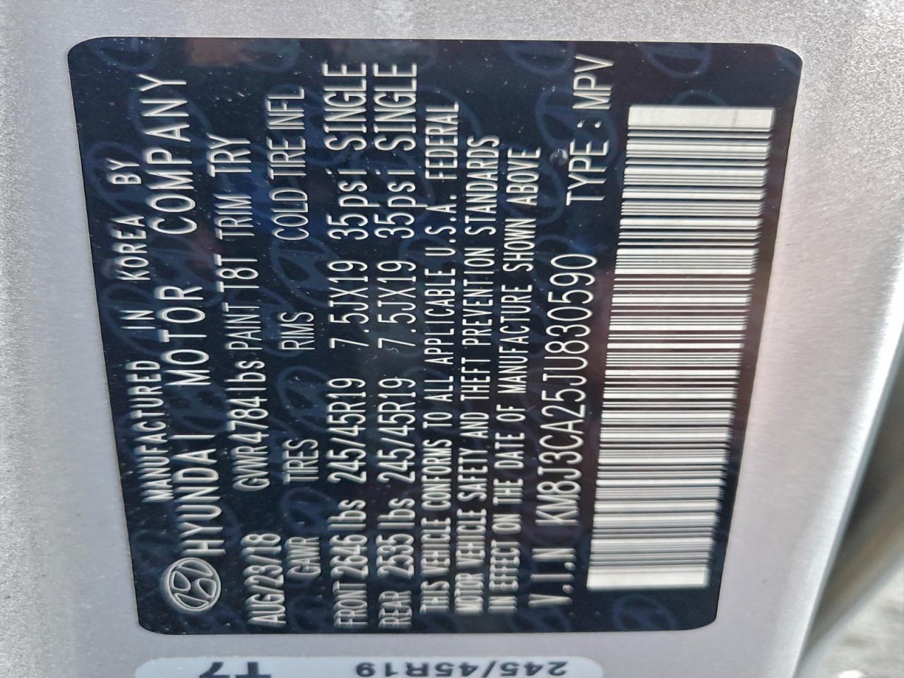 2018 Hyundai Tucson Value VIN: KM8J3CA25JU830590 Lot: 93709085