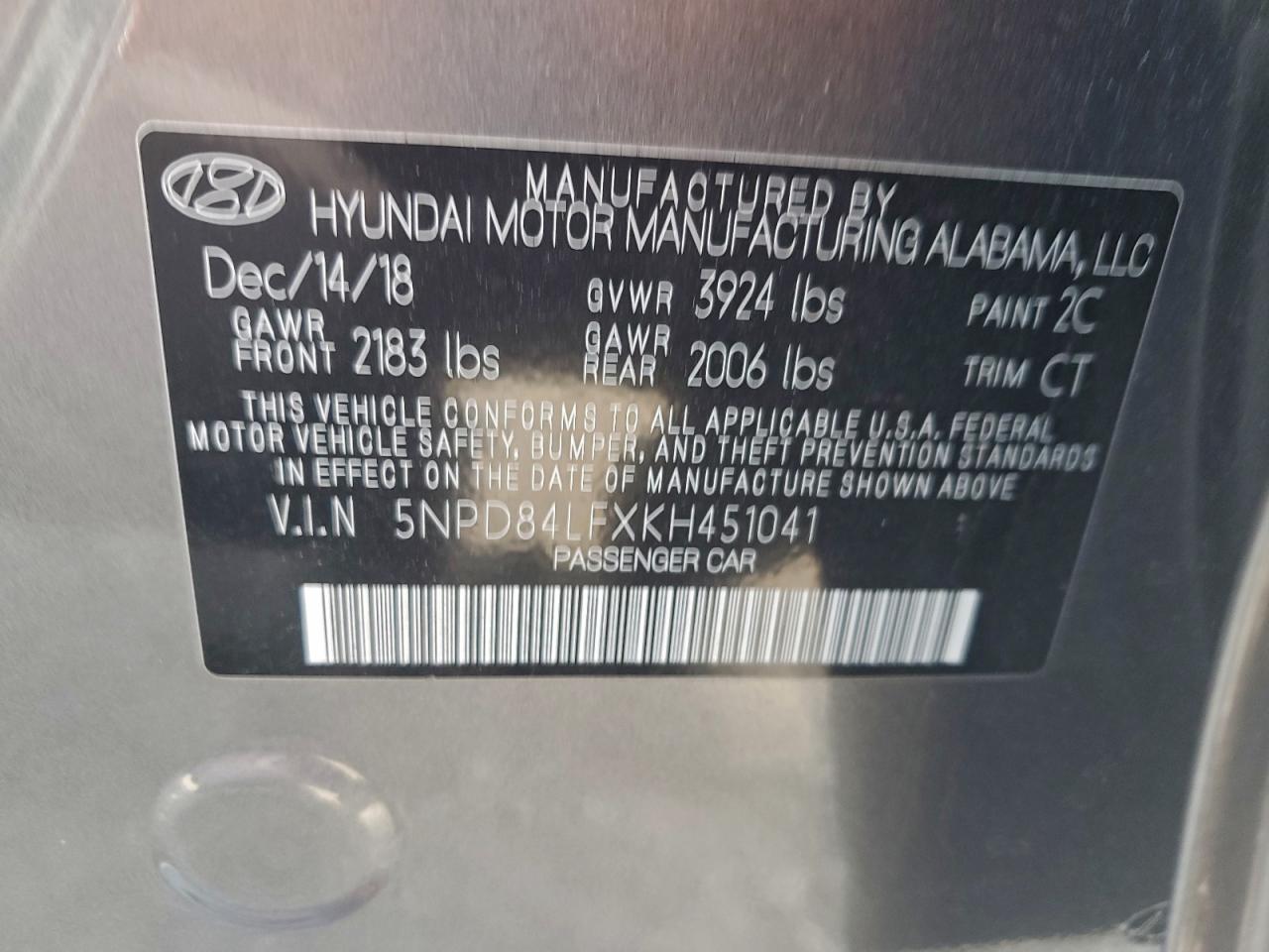 2019 Hyundai Elantra Sel VIN: 5NPD84LFXKH451041 Lot: 94002035