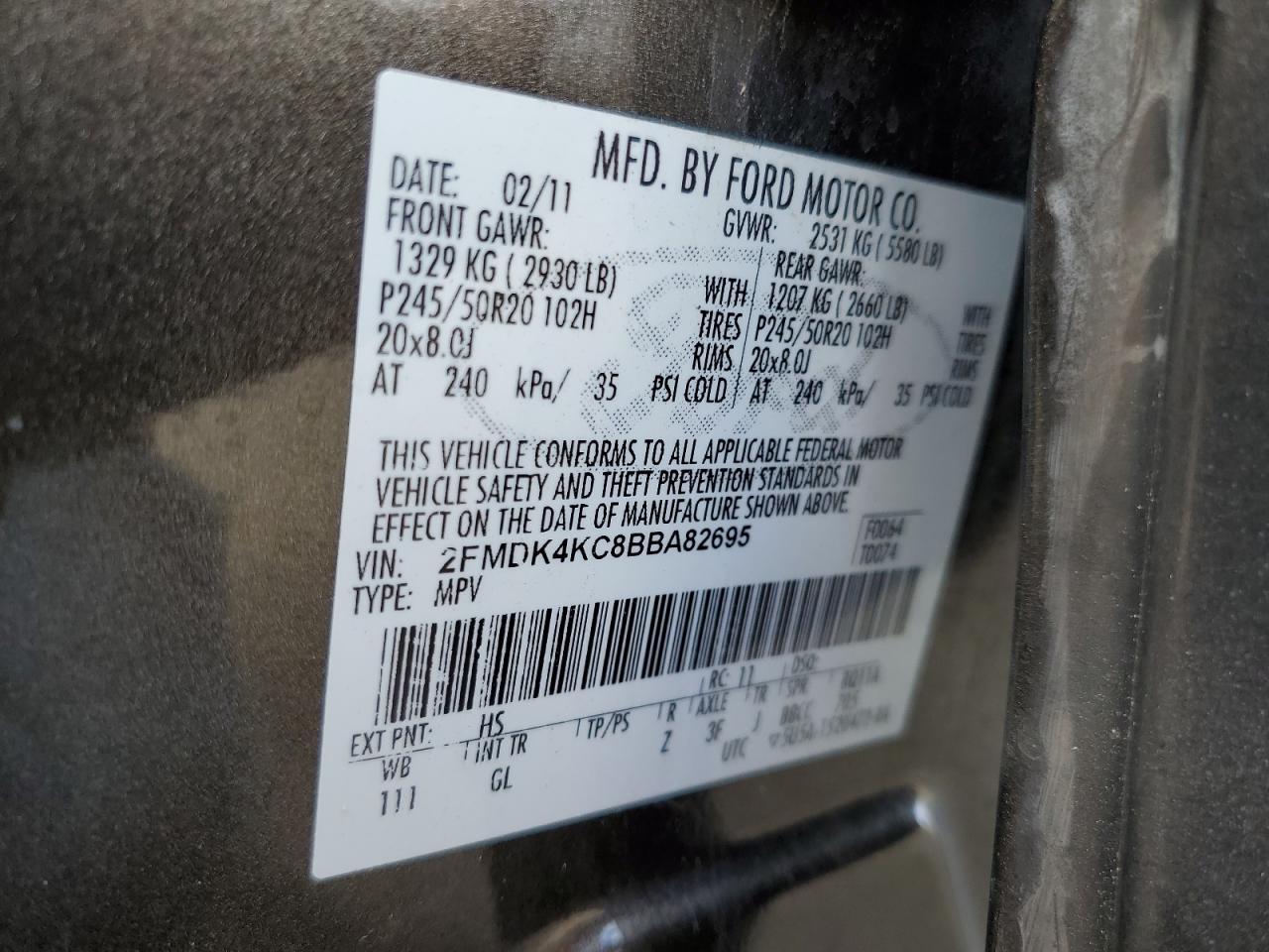 2011 Ford Edge Limited VIN: 2FMDK4KC8BBA82695 Lot: 91660695