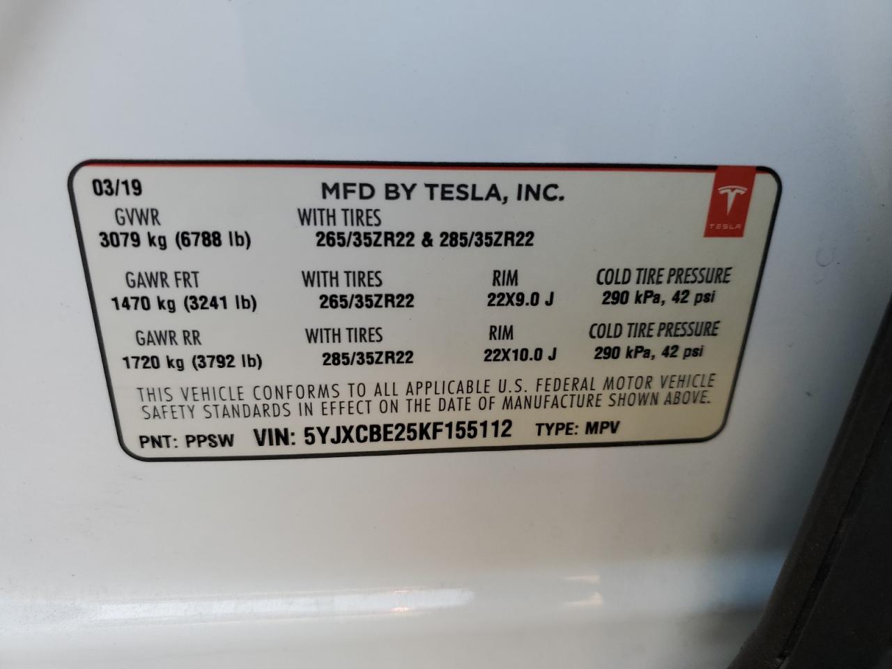 2019 Tesla Model X VIN: 5YJXCBE25KF155112 Lot: 91348305