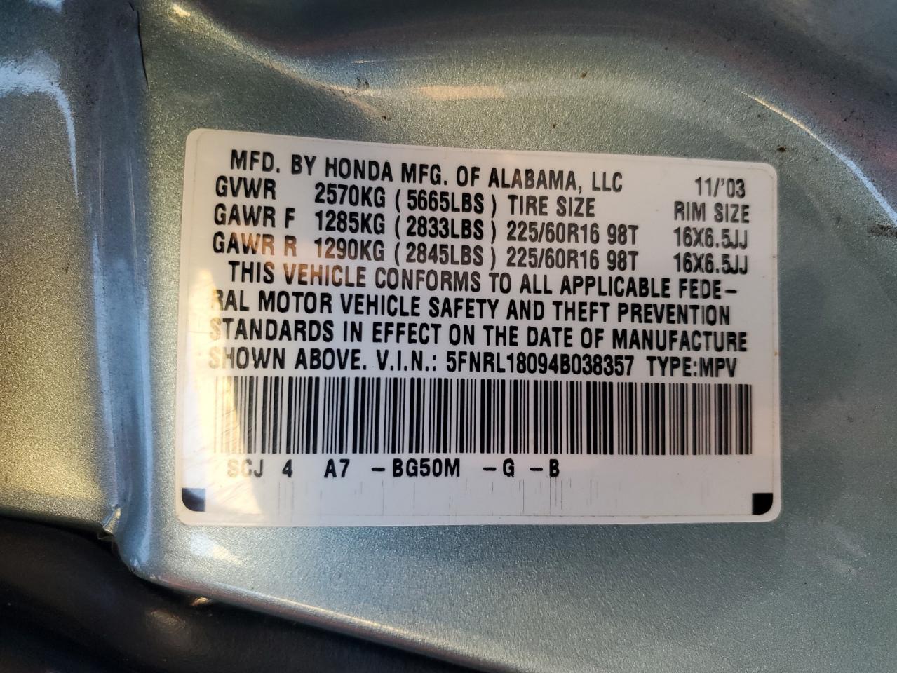 2004 Honda Odyssey Exl VIN: 5FNRL18094B038357 Lot: 91372885