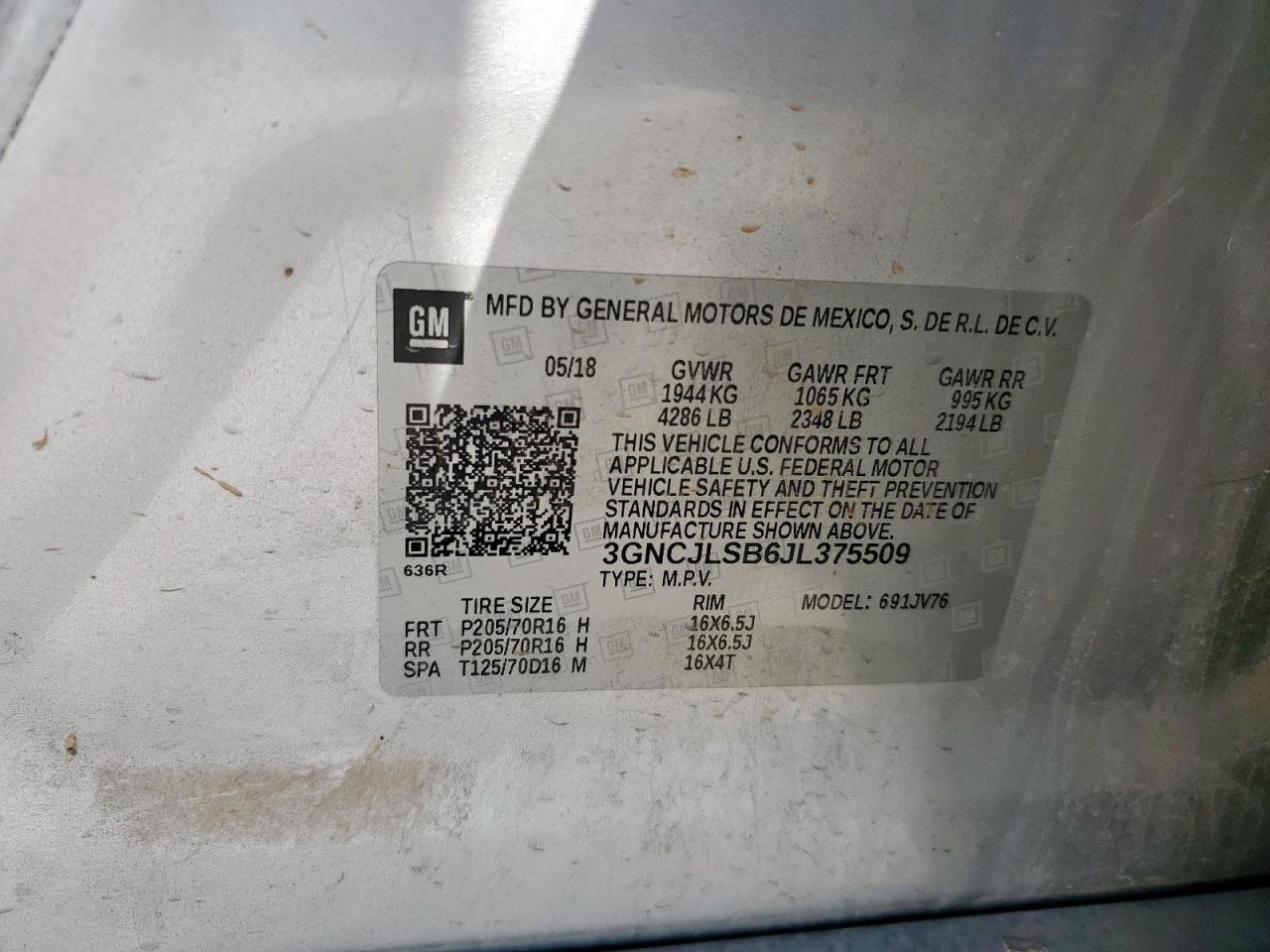 2018 Chevrolet Trax 1Lt VIN: 3GNCJLSB6JL375509 Lot: 92067765