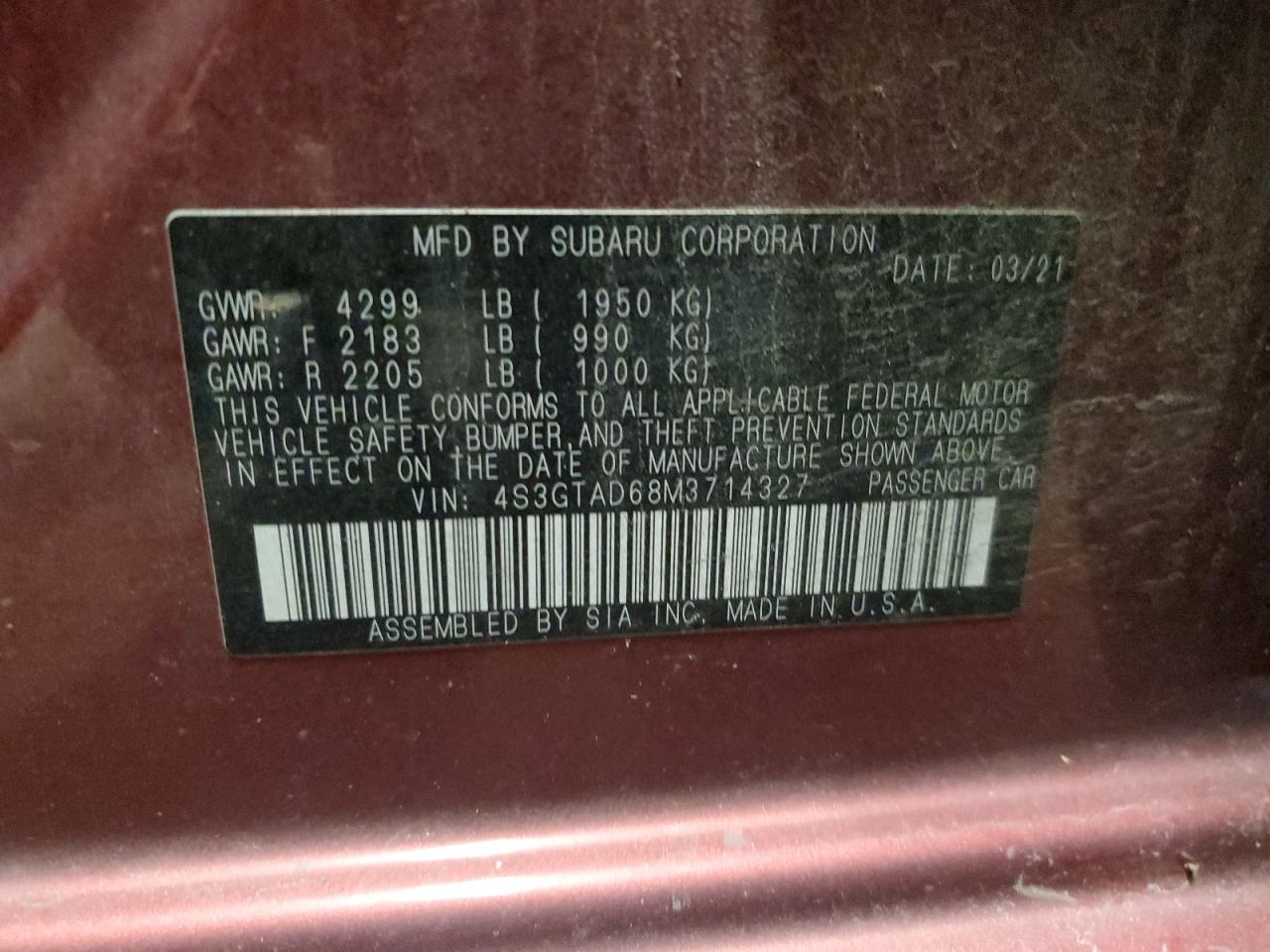 2021 Subaru Impreza Premium VIN: 4S3GTAD68M3714327 Lot: 91272025