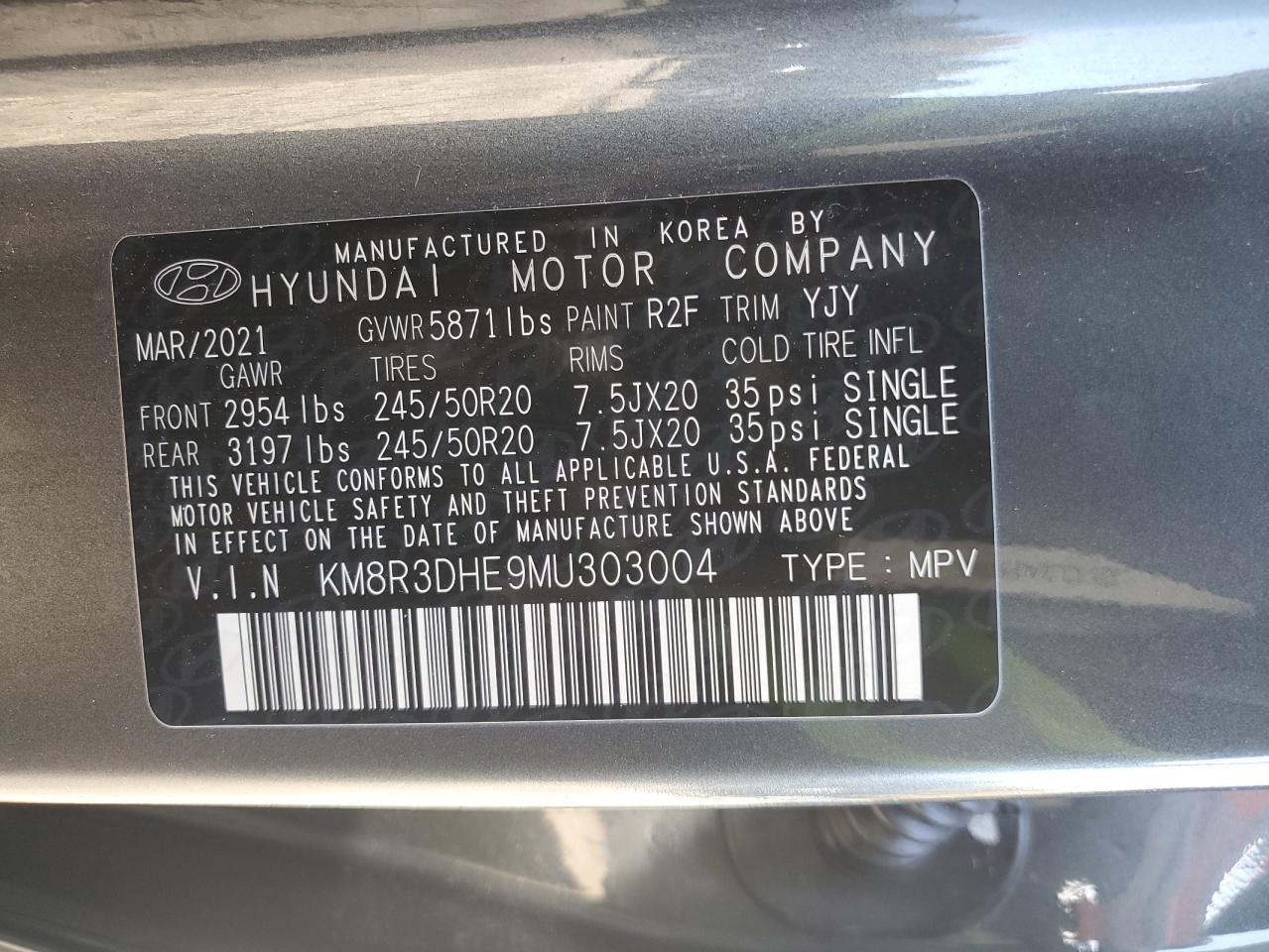 2021 Hyundai Palisade Sel VIN: KM8R3DHE9MU303004 Lot: 91644735