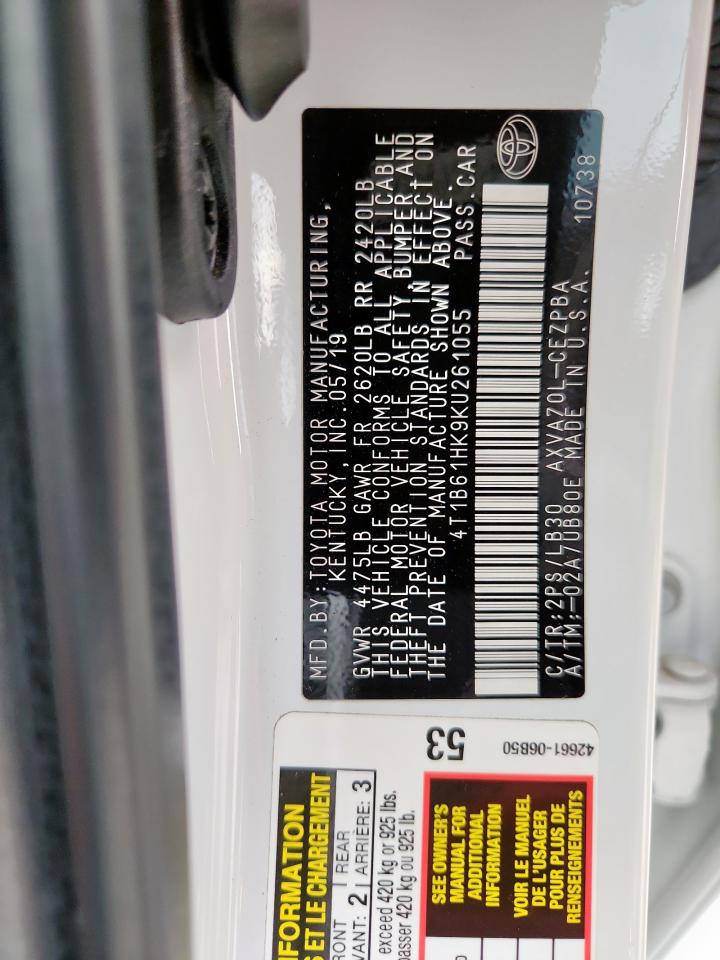 2019 Toyota Camry Xse VIN: 4T1B61HK9KU261055 Lot: 92901455