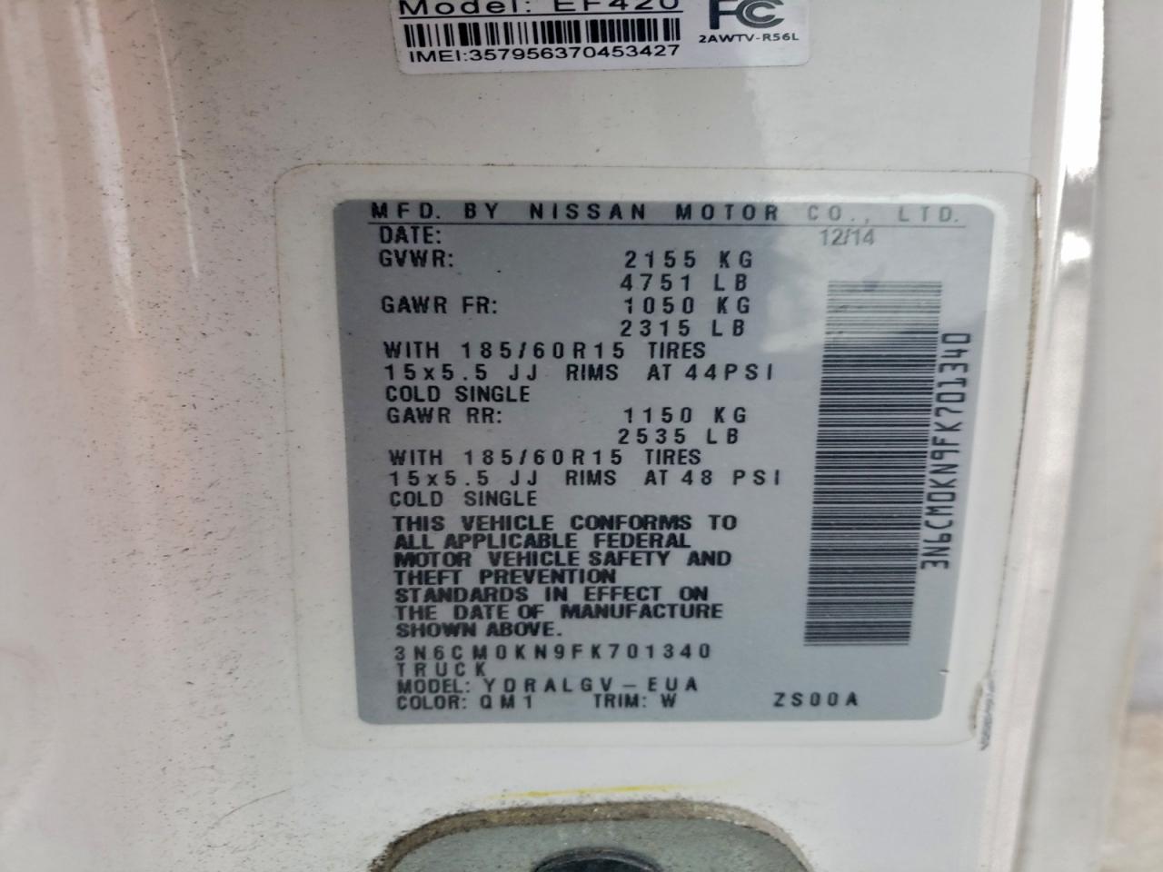 2015 Nissan Nv 200 Van VIN: 3N6CM0KN9FK701340 Lot: 93531905