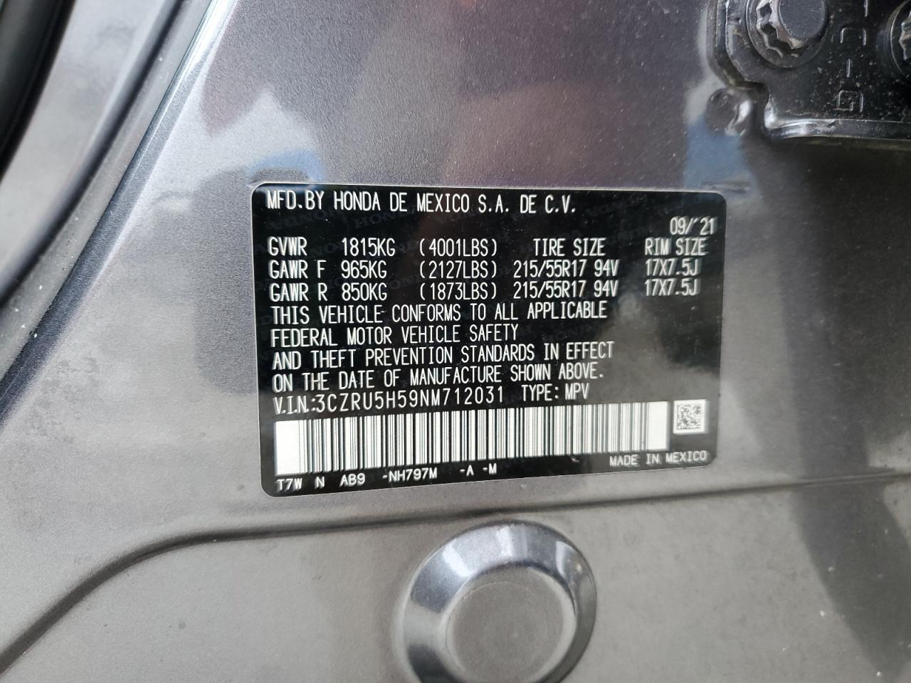 2022 Honda Hr-V Ex VIN: 3CZRU5H59NM712031 Lot: 91985155