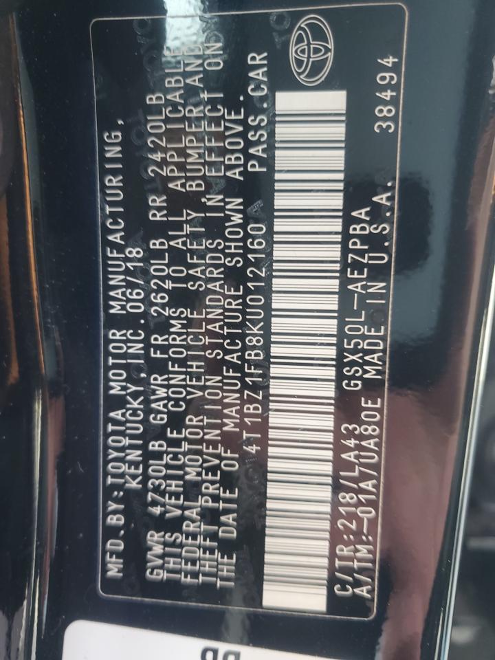 2019 Toyota Avalon Xle VIN: 4T1BZ1FB8KU012160 Lot: 91138115