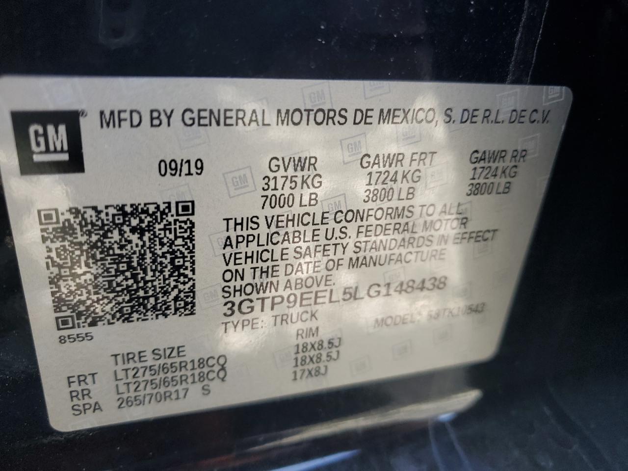 2020 GMC Sierra K1500 At4 VIN: 3GTP9EEL5LG148438 Lot: 92368415