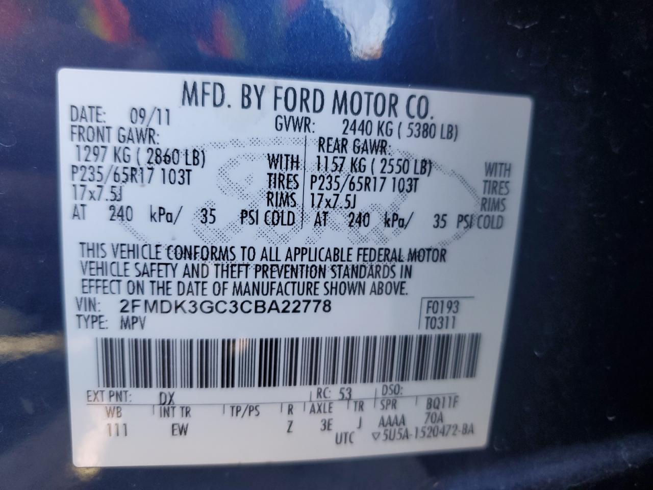 2012 Ford Edge Se VIN: 2FMDK3GC3CBA22778 Lot: 92232085