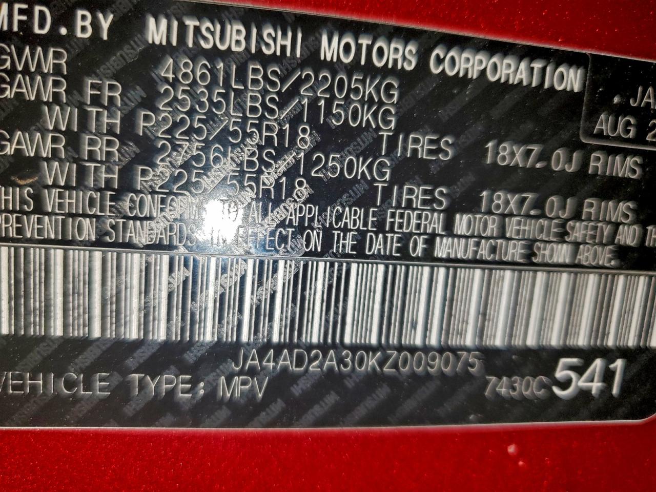 2019 Mitsubishi Outlander VIN: 009075 Lot: 94814545