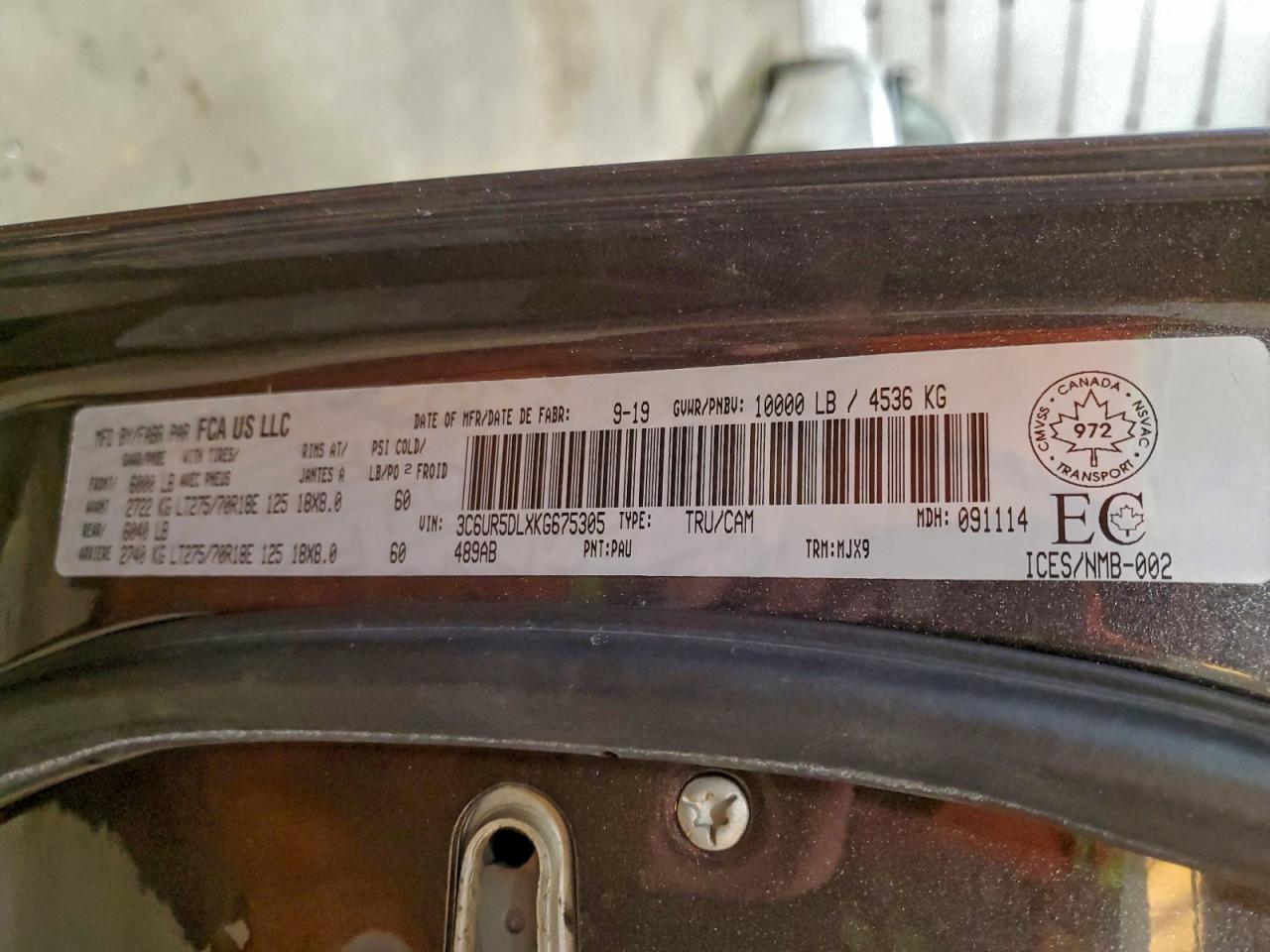 2019 Ram 2500 Big Horn VIN: 3C6UR5DLXKG675305 Lot: 94103315