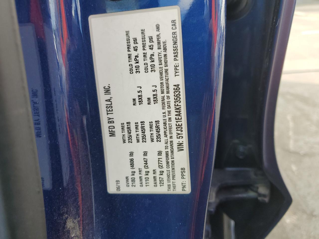 2019 Tesla Model 3 VIN: 5YJ3E1EA4KF356364 Lot: 91438895