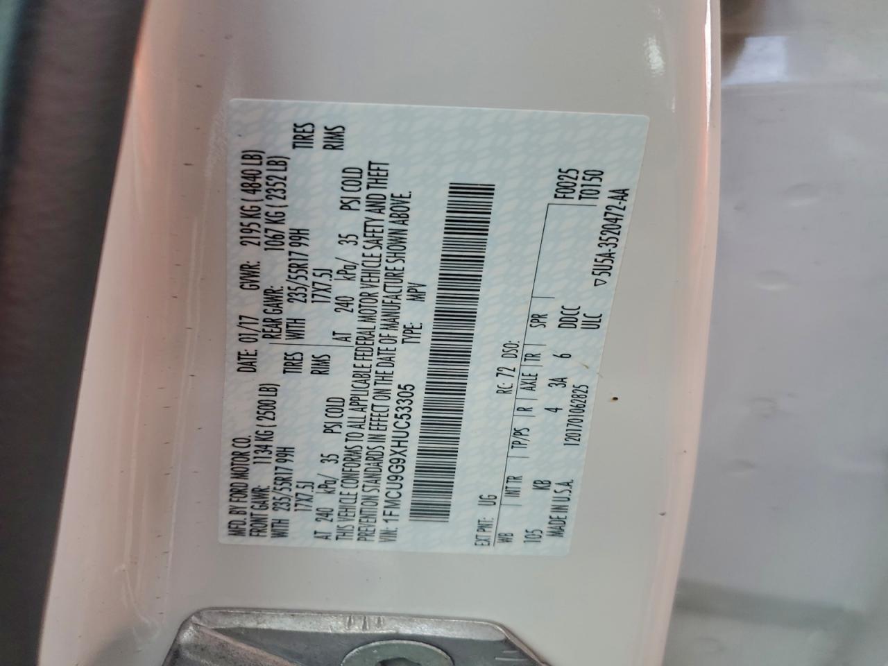 2017 Ford Escape Se VIN: 1FMCU9G9XHUC53305 Lot: 94546535