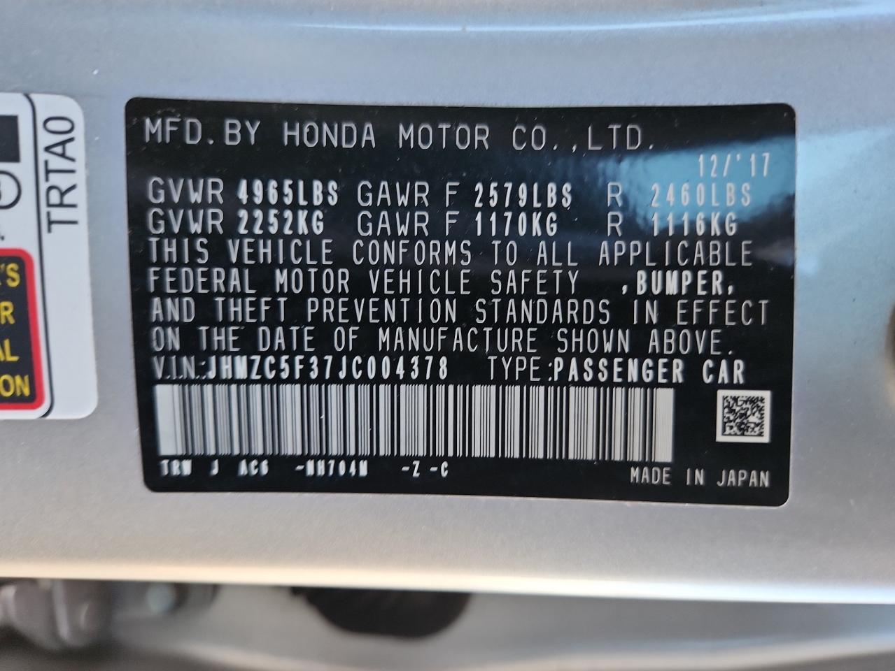 2018 Honda Clarity Touring VIN: JHMZC5F37JC004378 Lot: 92822995