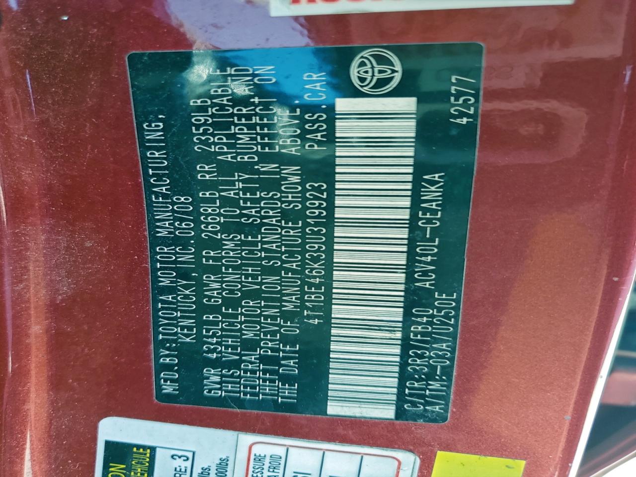 2009 Toyota Camry Base VIN: 4T1BE46K39U319923 Lot: 94666095