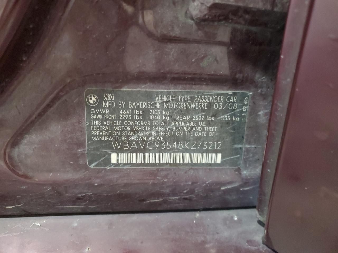 2008 BMW 328 Xi VIN: WBAVC93548KZ73212 Lot: 93473165