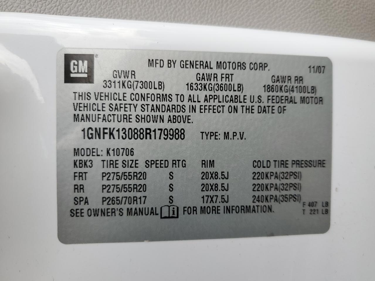 2008 Chevrolet Tahoe K1500 VIN: 1GNFK13088R179988 Lot: 91896195