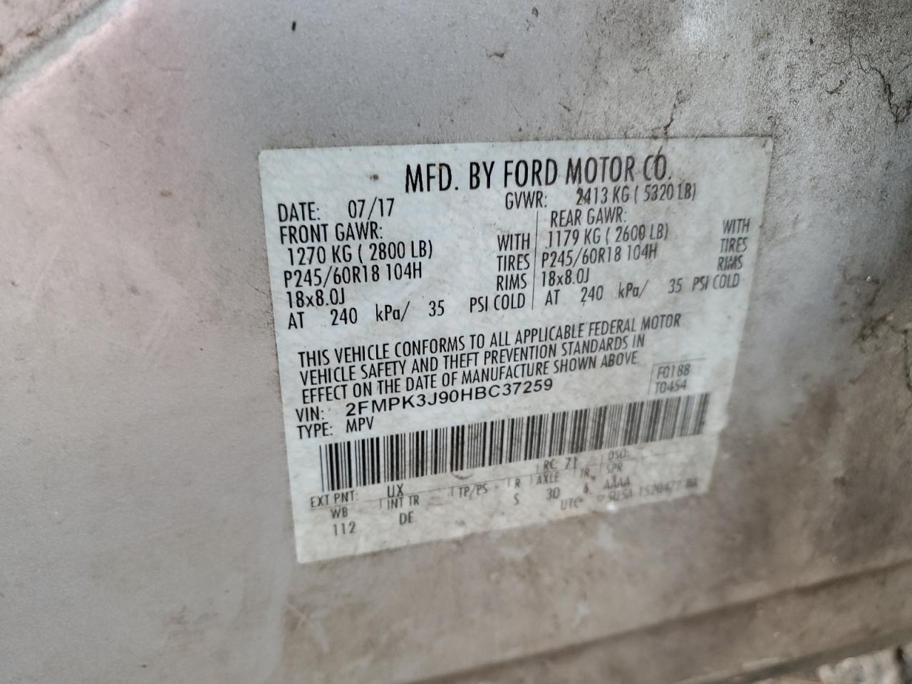 2017 Ford Edge Sel VIN: 2FMPK3J90HBC37259 Lot: 92379155