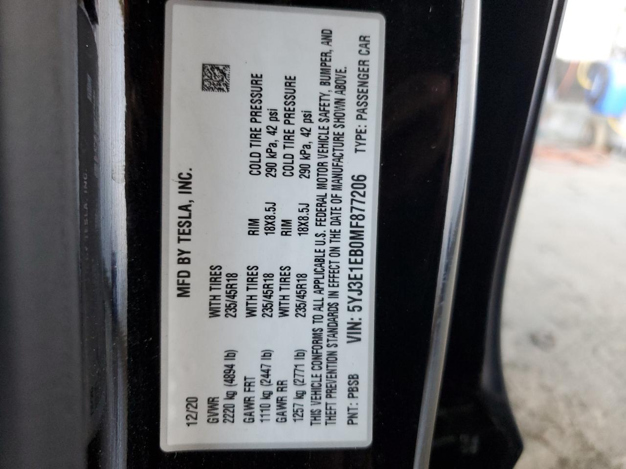 2021 Tesla Model 3 VIN: 5YJ3E1EB0MF877206 Lot: 92879895