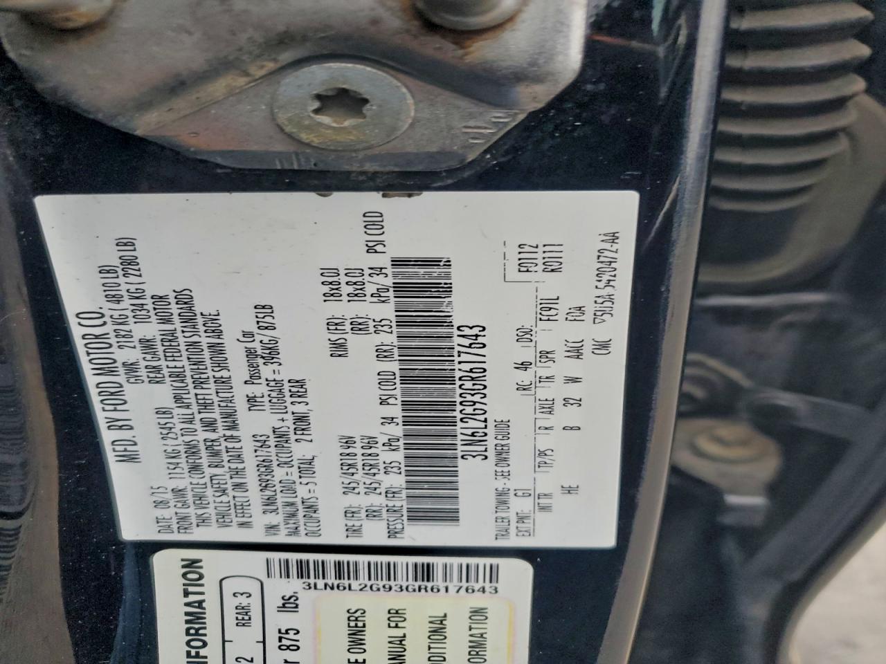 2016 Lincoln Mkz VIN: 3LN6L2G93GR617643 Lot: 93894935