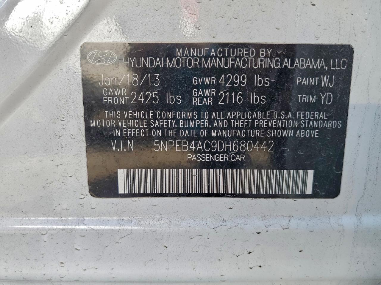 2013 Hyundai Sonata Gls VIN: 5NPEB4AC9DH680442 Lot: 94257955