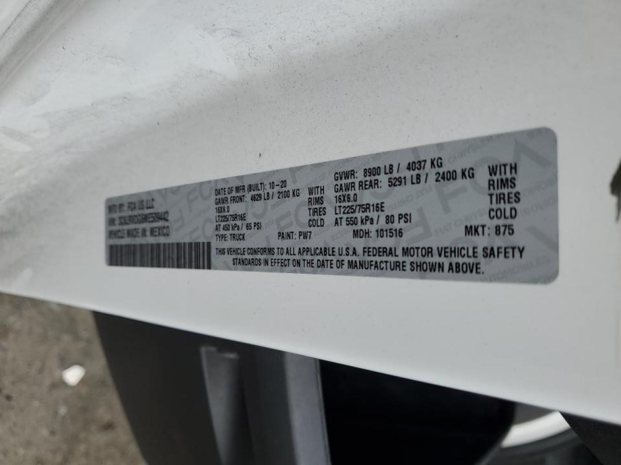 2021 Ram Promaster 2500 Delivery Van VIN: 3C6LRVDG6ME509442 Lot: 86195515