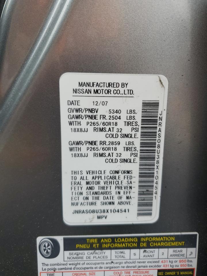 2008 Infiniti Fx35 VIN: JNRAS08U38X104541 Lot: 92480975