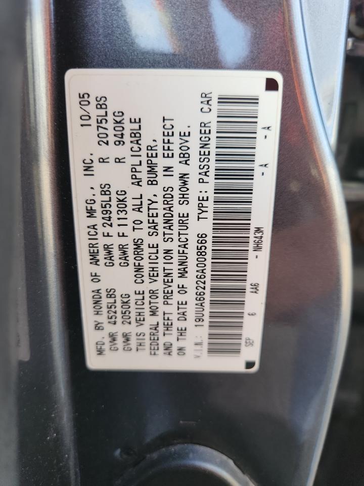 2006 Acura 3.2Tl VIN: 19UUA66226A008566 Lot: 92829885