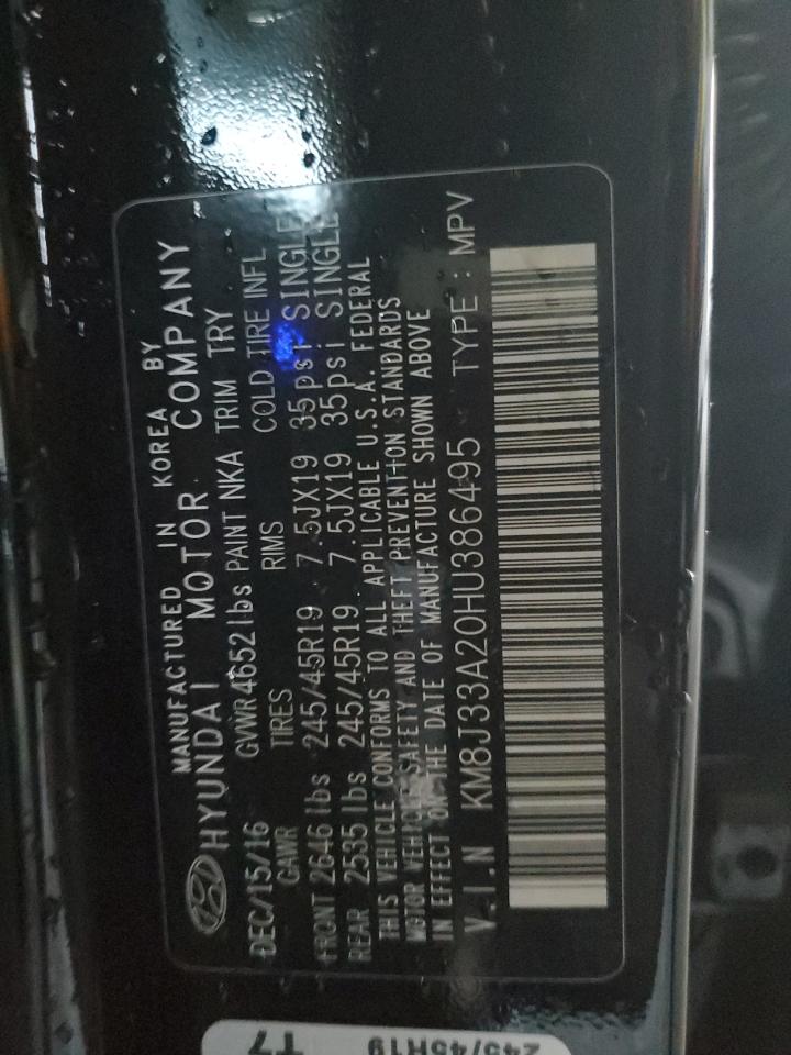 2017 Hyundai Tucson Limited VIN: KM8J33A20HU386495 Lot: 92854335