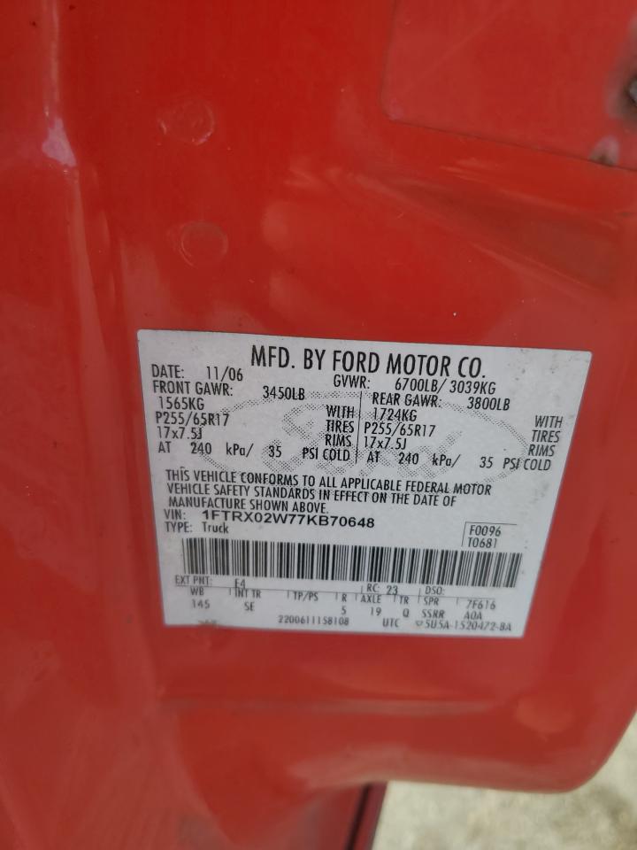 2007 Ford F150 VIN: 1FTRX02W77KB70648 Lot: 93313345