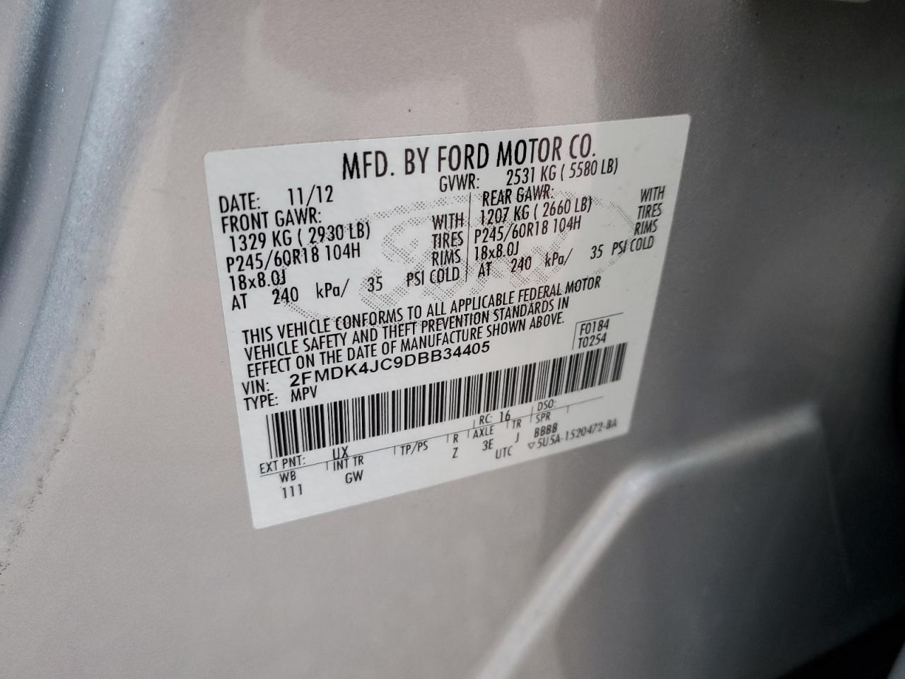 2013 Ford Edge Sel VIN: 2FMDK4JC9DBB34405 Lot: 92577145