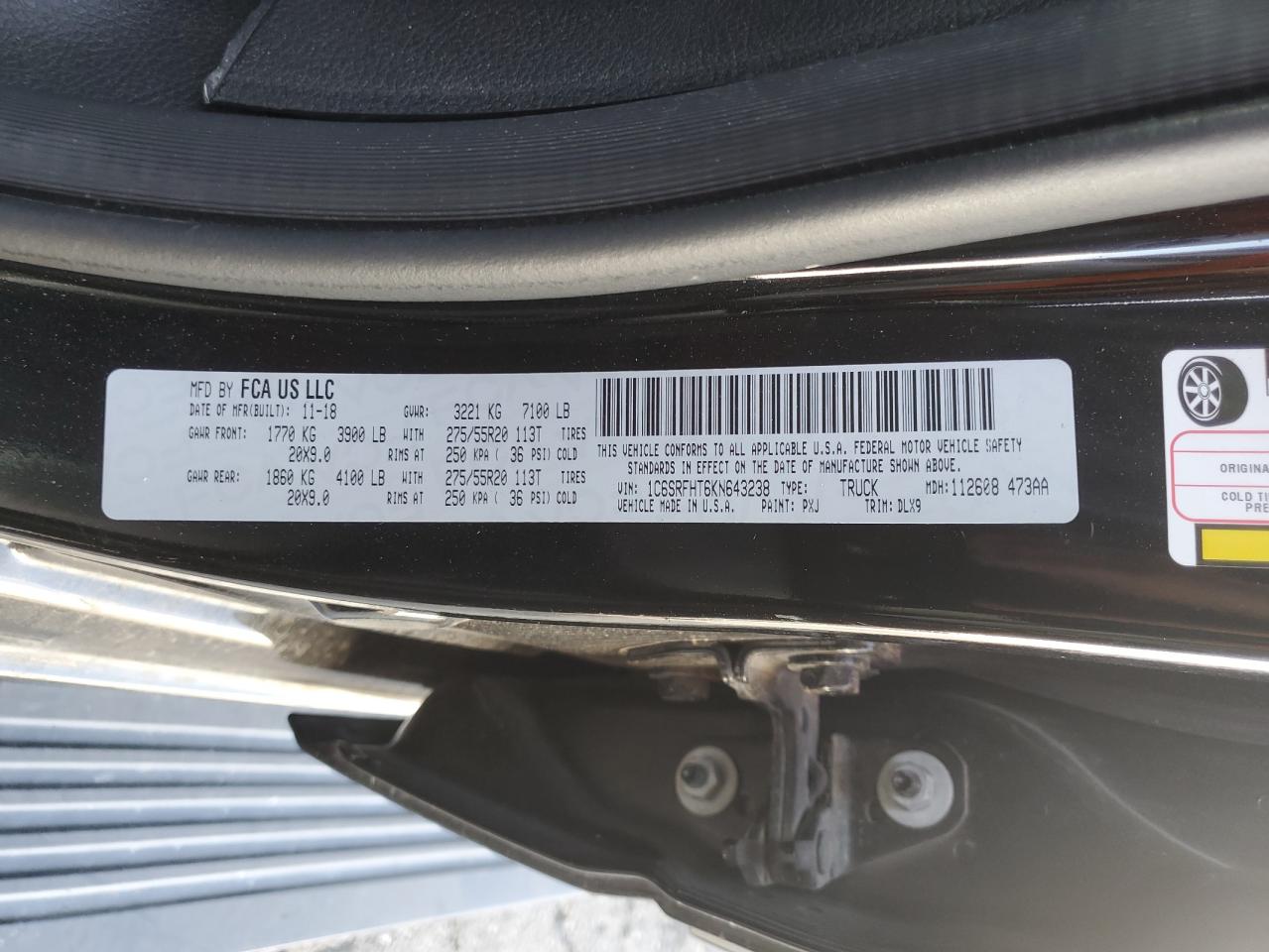 2019 Ram 1500 Limited VIN: 1C6SRFHT6KN643238 Lot: 85433335