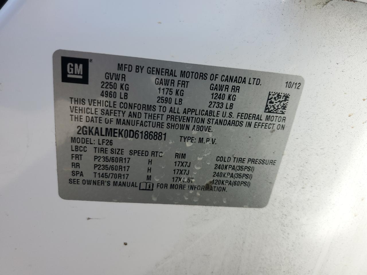 2013 GMC Terrain Sle VIN: 2GKALMEK0D6186881 Lot: 92777785