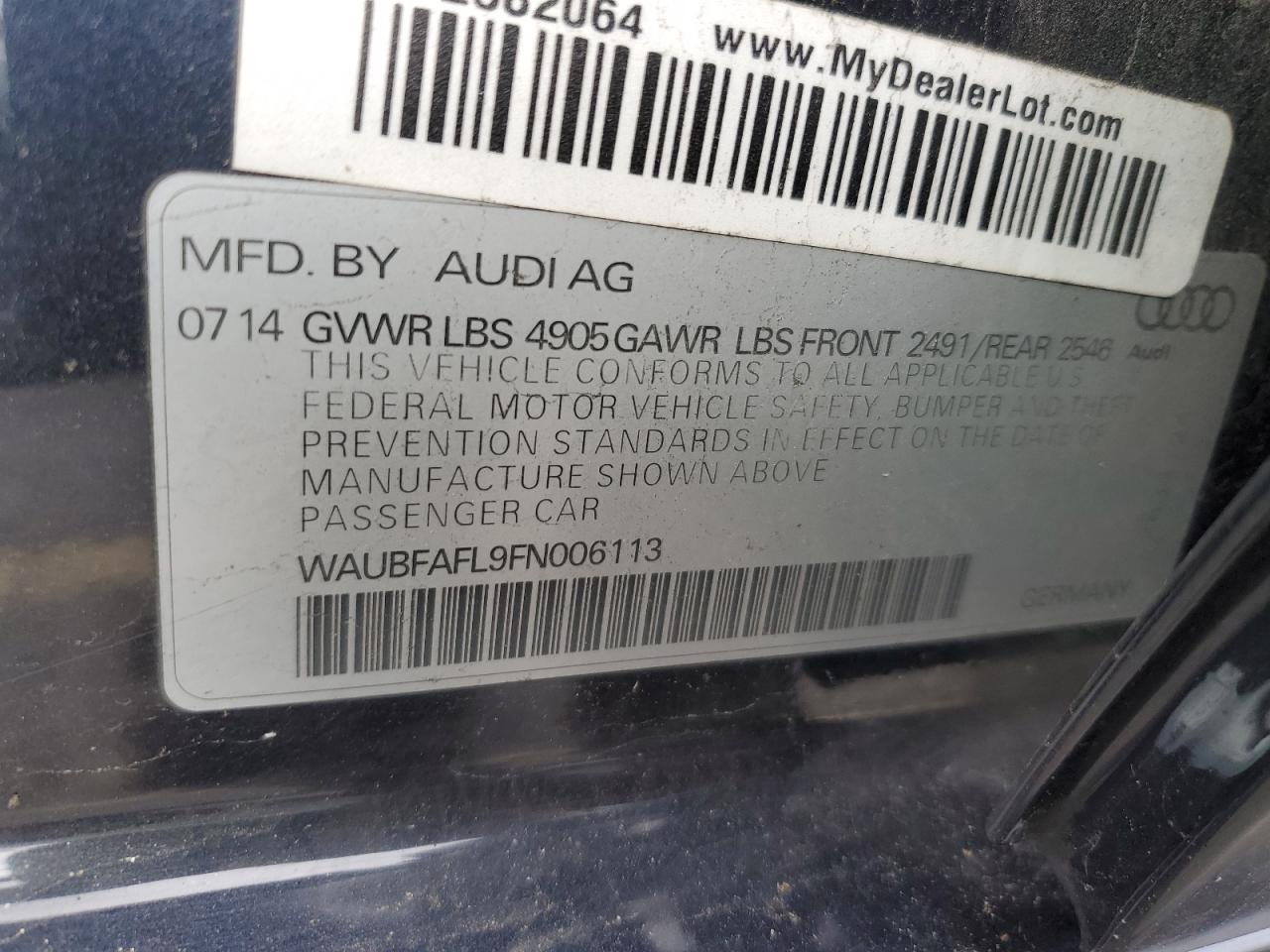 2015 Audi A4 Premium VIN: WAUBFAFL9FN006113 Lot: 92995065