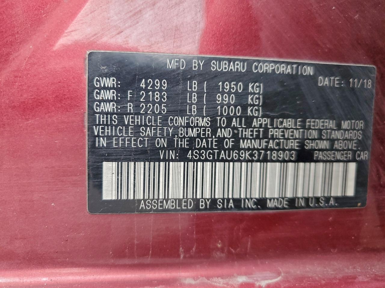 2019 Subaru Impreza Limited VIN: 4S3GTAU69K3718903 Lot: 94427915