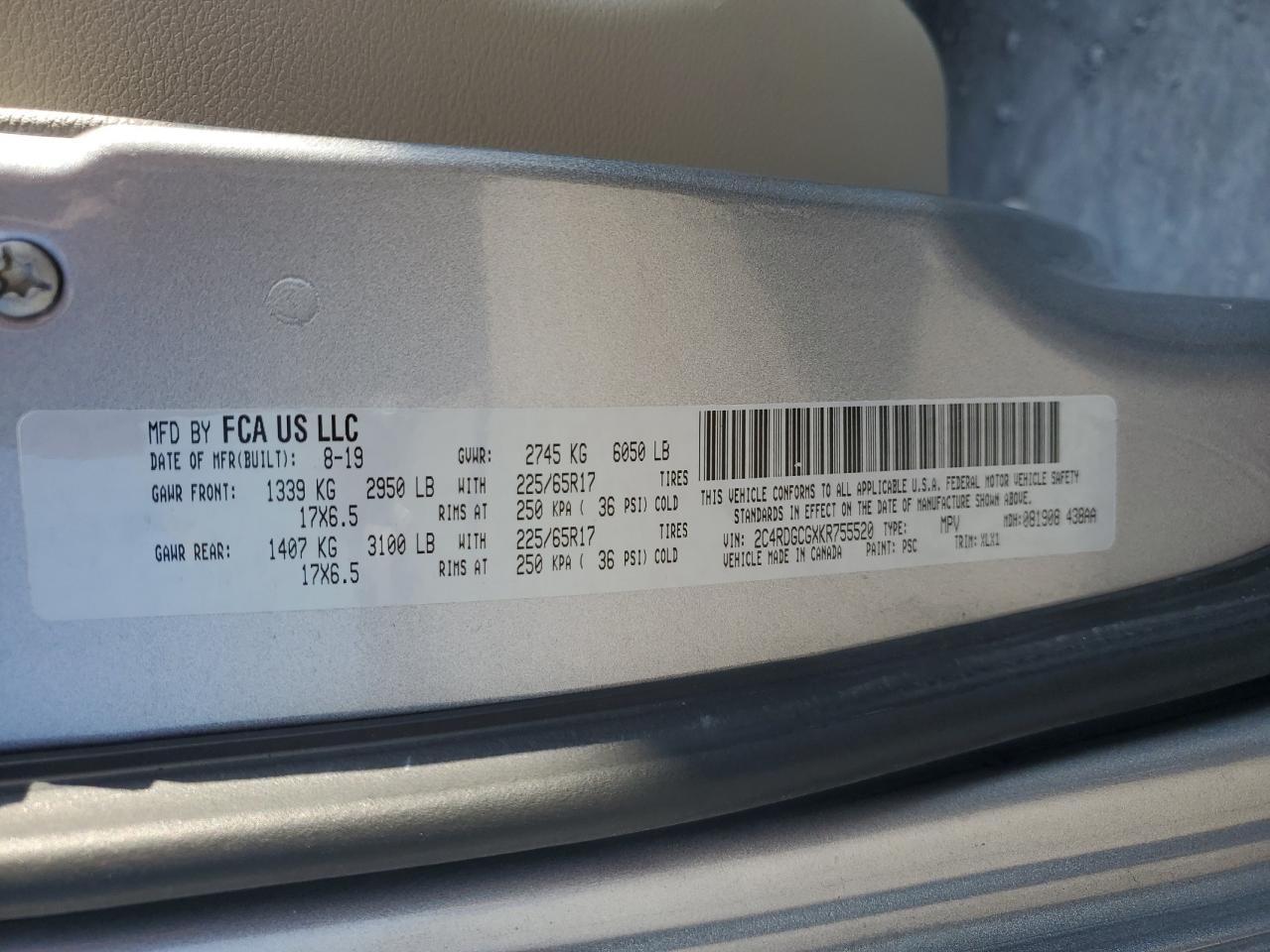 2019 Dodge Grand Caravan Sxt VIN: 2C4RDGCGXKR755520 Lot: 92504995