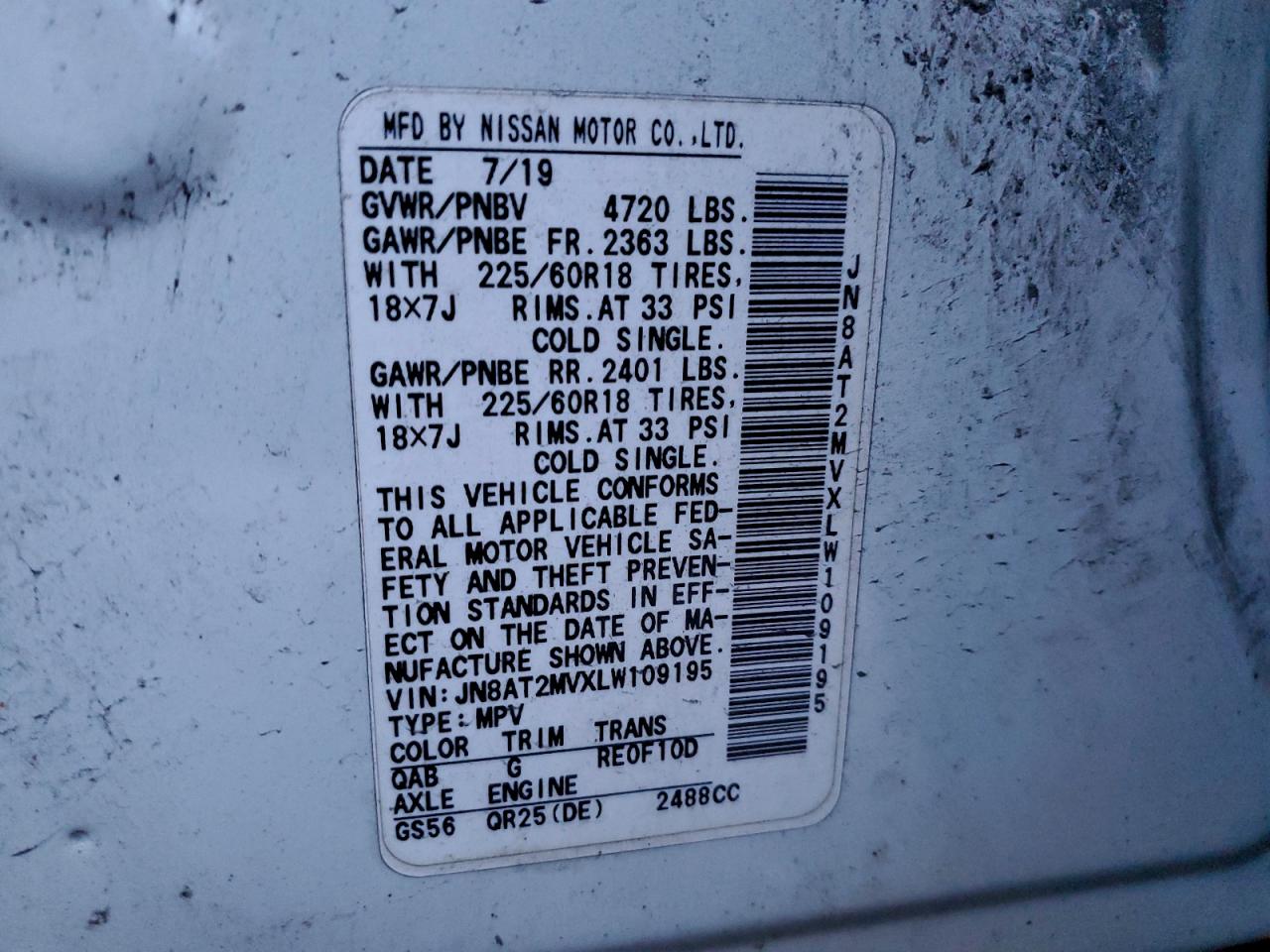 2020 Nissan Rogue S VIN: JN8AT2MVXLW109195 Lot: 94503125