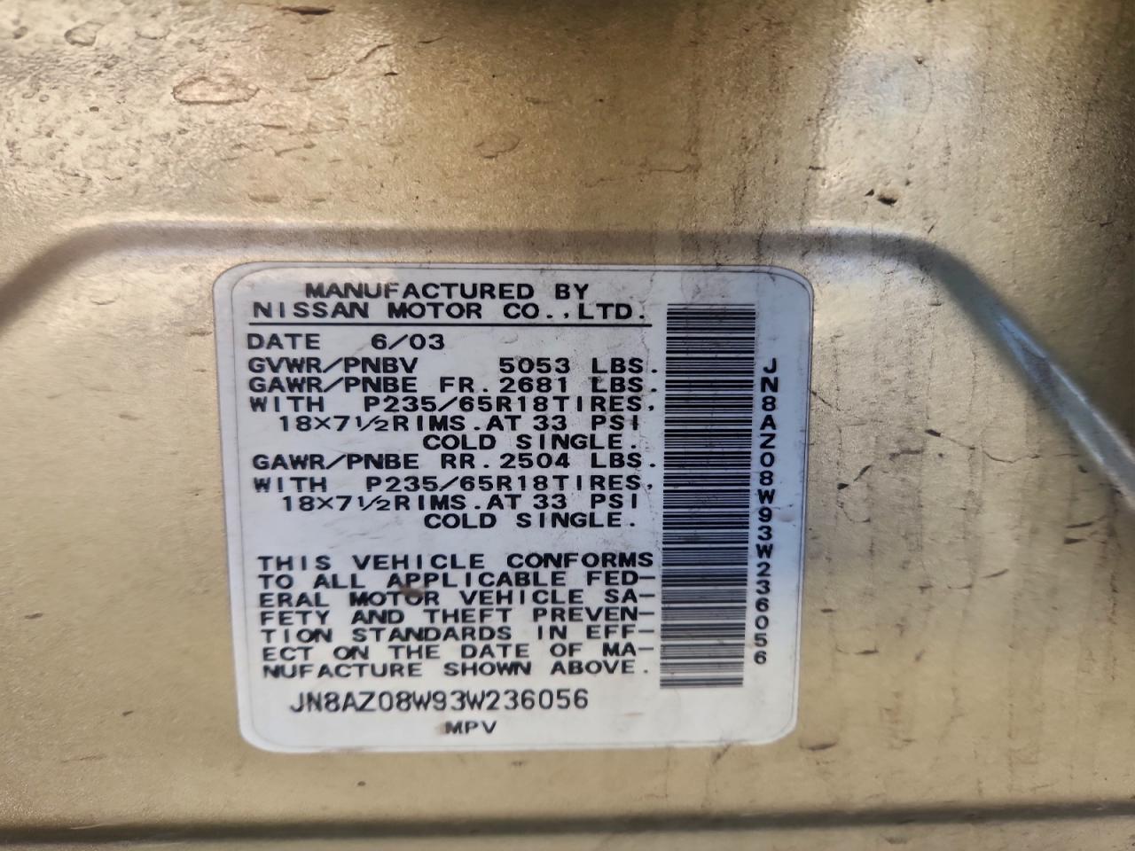 2003 Nissan Murano Sl VIN: JN8AZ08W93W236056 Lot: 94050755