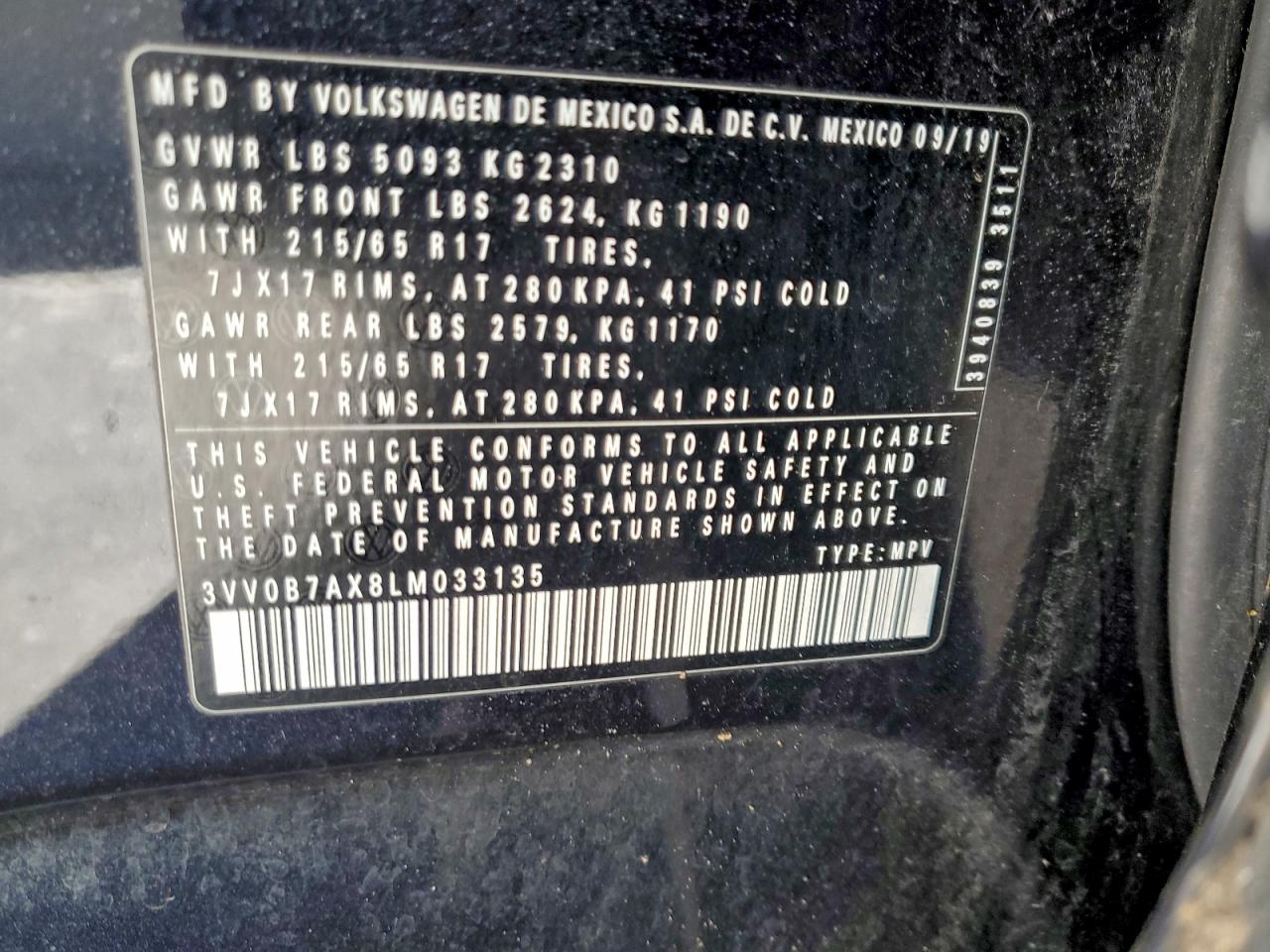 2020 Volkswagen Tiguan S VIN: 3VV0B7AX8LM033135 Lot: 94094205