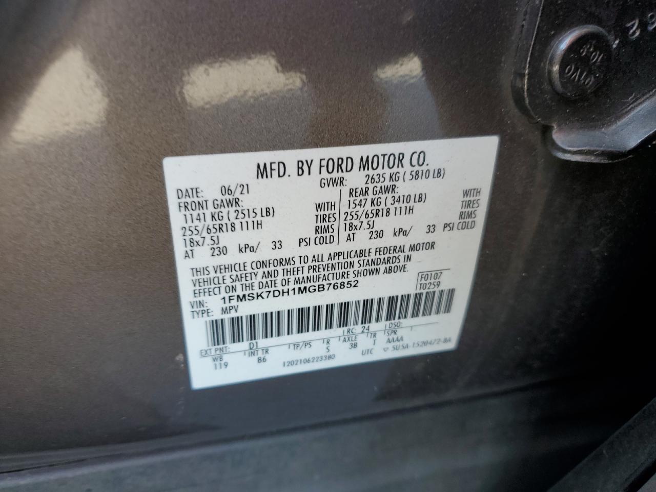 2021 Ford Explorer Xlt VIN: 1FMSK7DH1MGB76852 Lot: 91688015